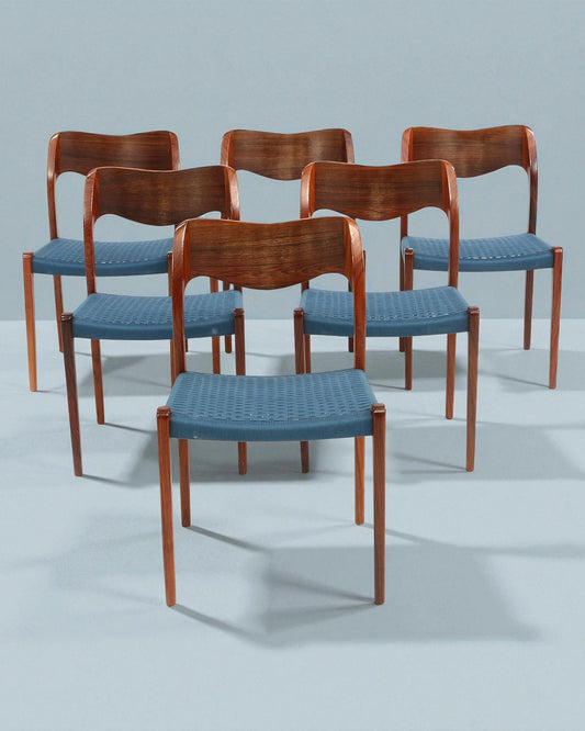 Set of 6 Niels Otto Moller 1951 Dining Chairs with Original Blue Cord