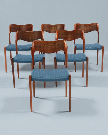 Set of 6 Niels Otto Moller 1951 Dining Chairs with Original Blue Cord