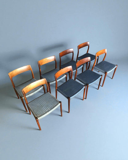 Set of 8 Niels Otto Moller 1958 Dinings Chairs with Original Blue Wool Cord