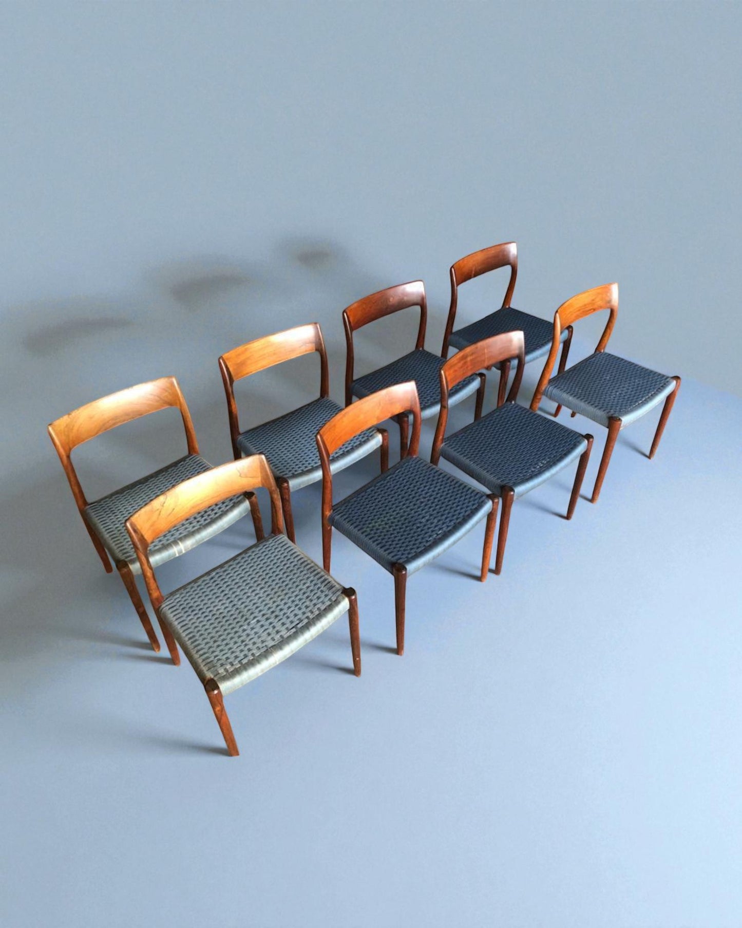 Set of 8 Niels Otto Moller 1958 Dinings Chairs with Original Blue Wool Cord