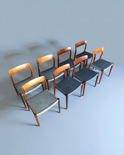 Set of 8 Niels Otto Moller 1958 Dinings Chairs with Original Blue Wool Cord