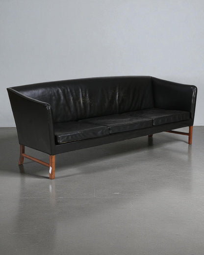 Ole Wanscher Black Leather Sofa with Rosewood Frame