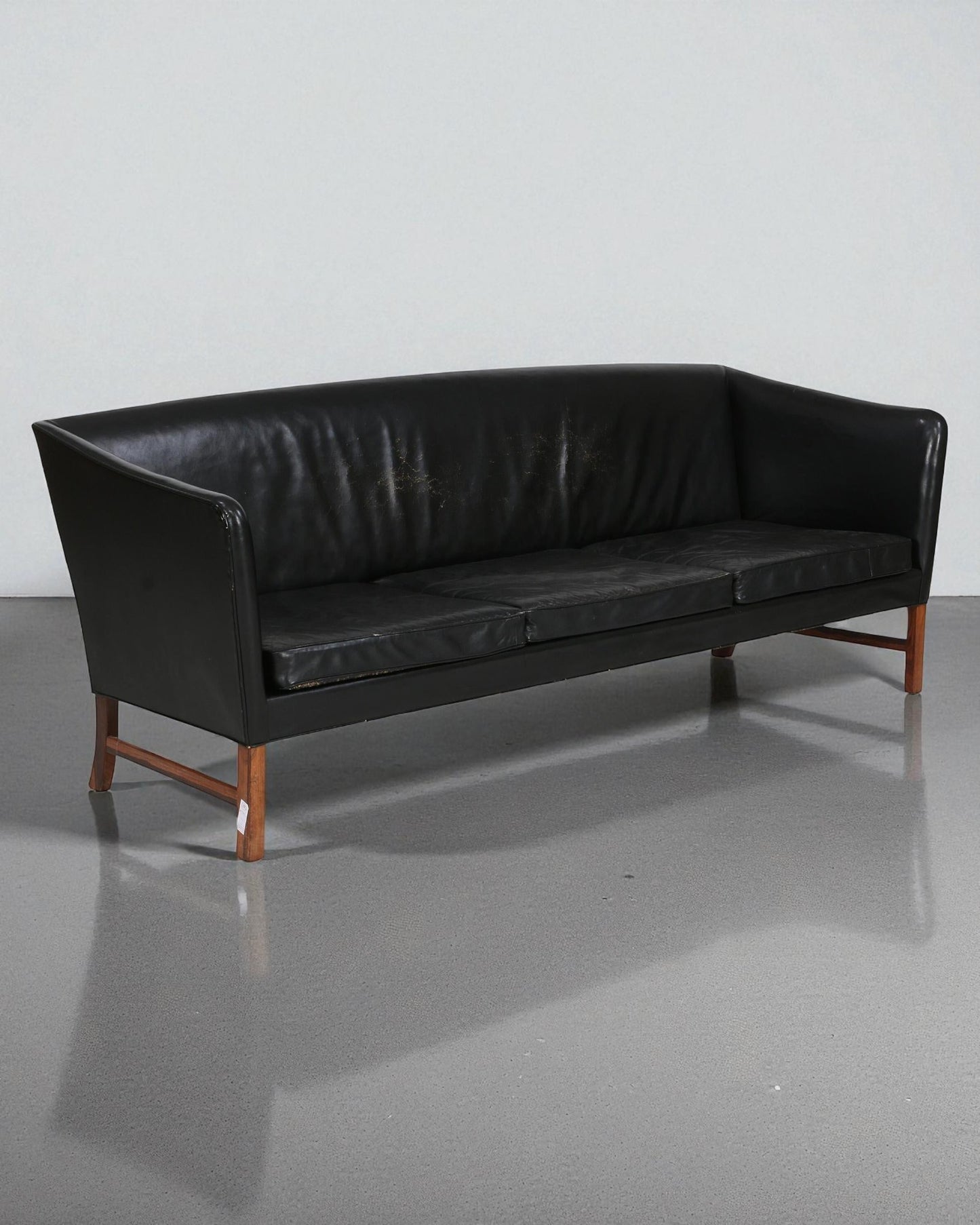 Ole Wanscher Black Leather Sofa with Rosewood Frame