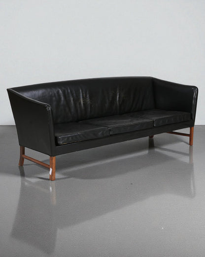 Ole Wanscher Black Leather Sofa with Rosewood Frame