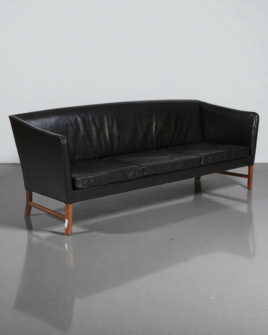 Ole Wanscher Black Leather Sofa with Rosewood Frame