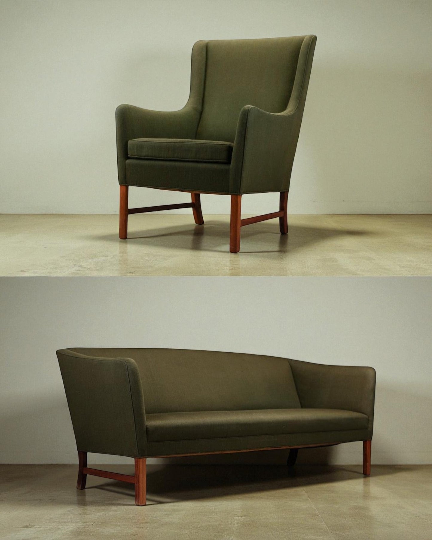 Ole Wanscher Model Sofa and Armchair with Green Wool and Rosewood Frames
