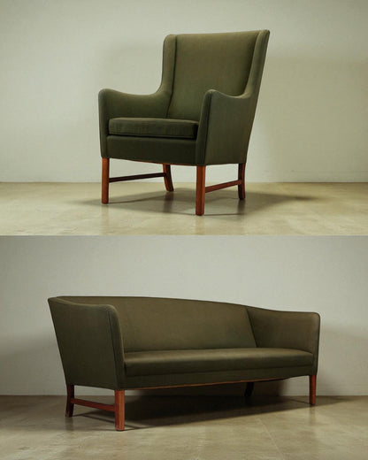 Ole Wanscher Model Sofa and Armchair with Green Wool and Rosewood Frames