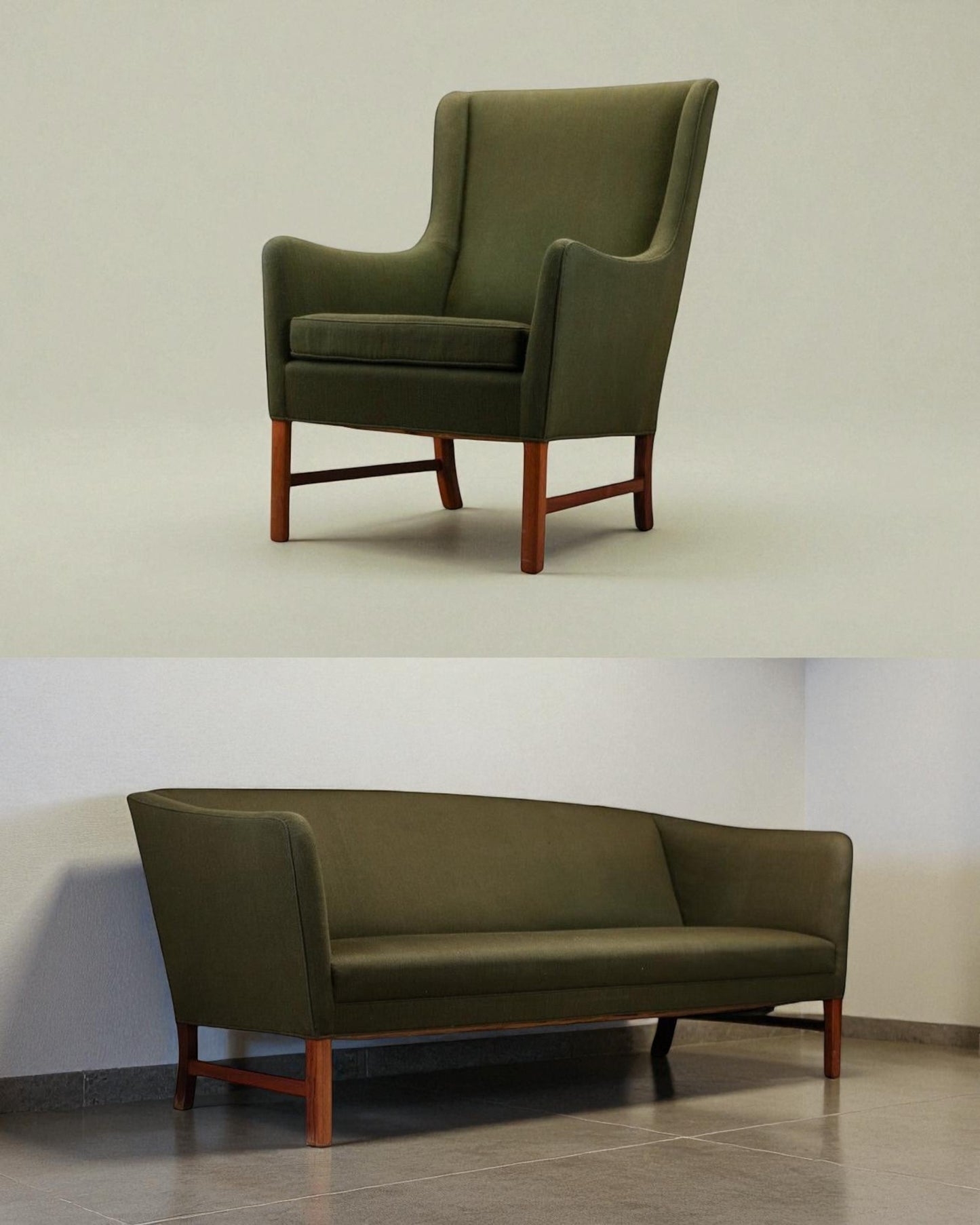 Ole Wanscher Model Sofa and Armchair with Green Wool and Rosewood Frames