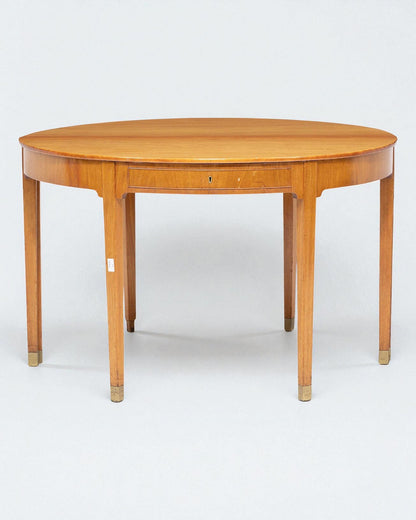 Pair 1950s Rud Rasmussen Hardwood D-Shaped Centre Tables with Brass Tipped Legs