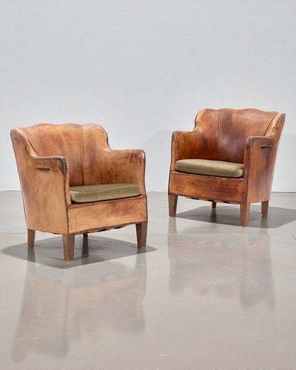Pair of 1930s Danish Armchairs in Walnut with Patinated Leather and Green Velour