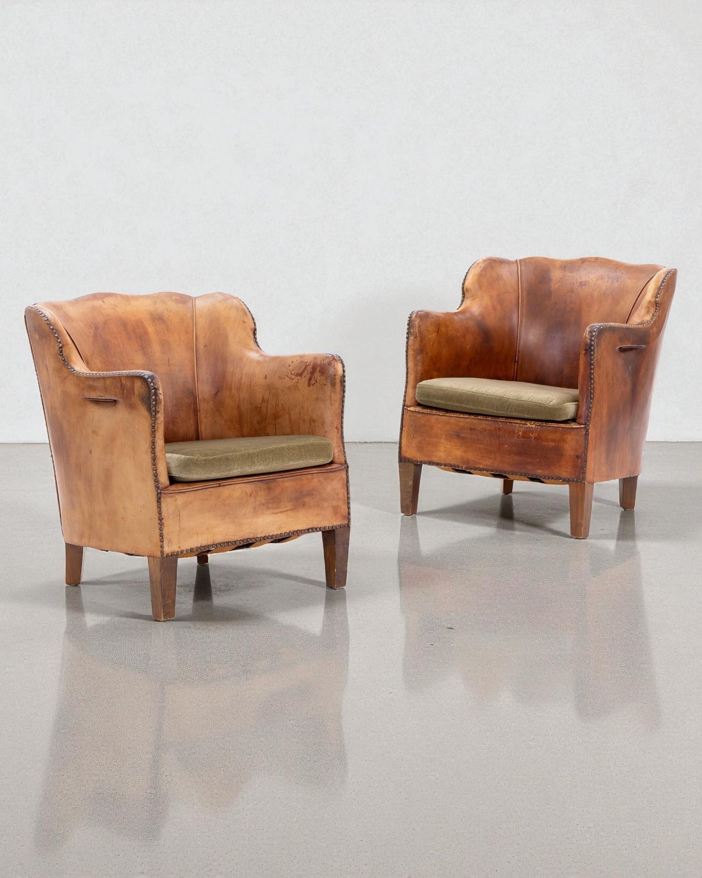 Pair of 1930s Danish Armchairs in Walnut with Patinated Leather and Green Velour