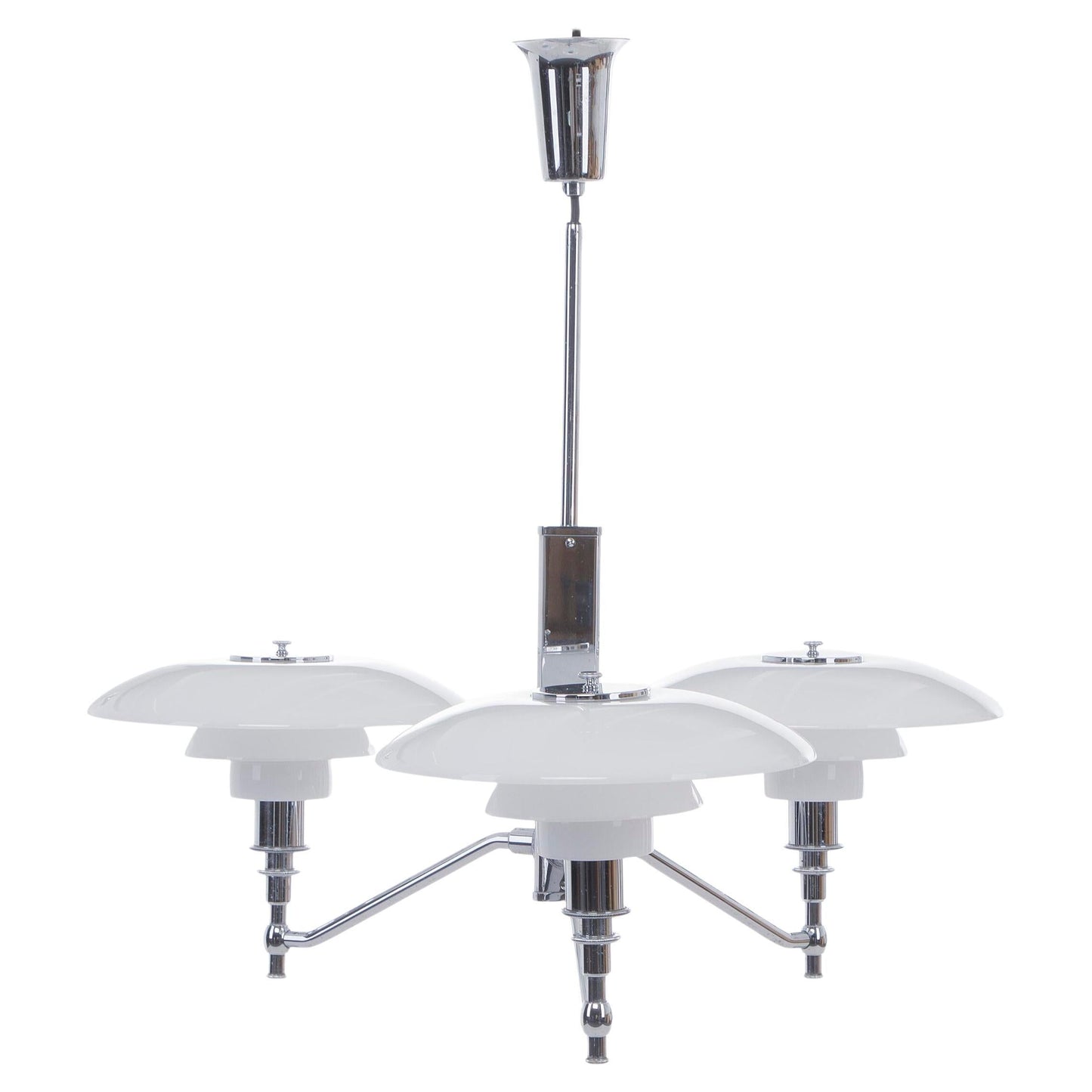 Poul Henningsen “PH 3/2 Academy” Three Branched Chandelier with Chromed Metal