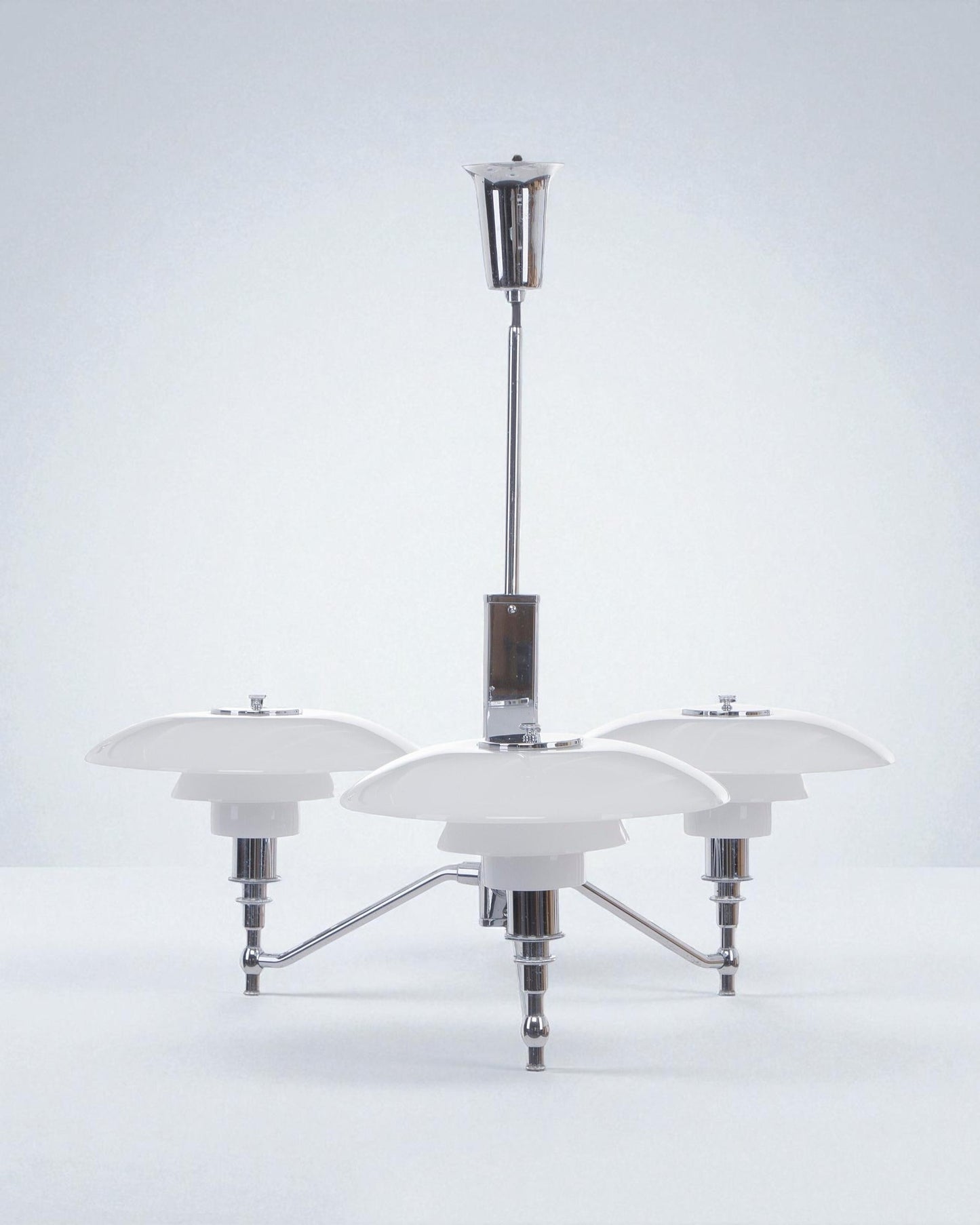 Poul Henningsen “PH 3/2 Academy” Three Branched Chandelier with Chromed Metal