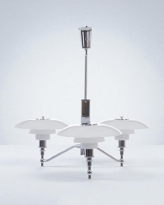 Poul Henningsen “PH 3/2 Academy” Three Branched Chandelier with Chromed Metal