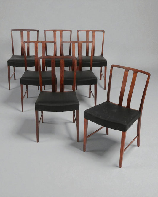1947 Peder Pedersen Set of Seven Solid Wood Dining Chairs with Horsehair Upholstery