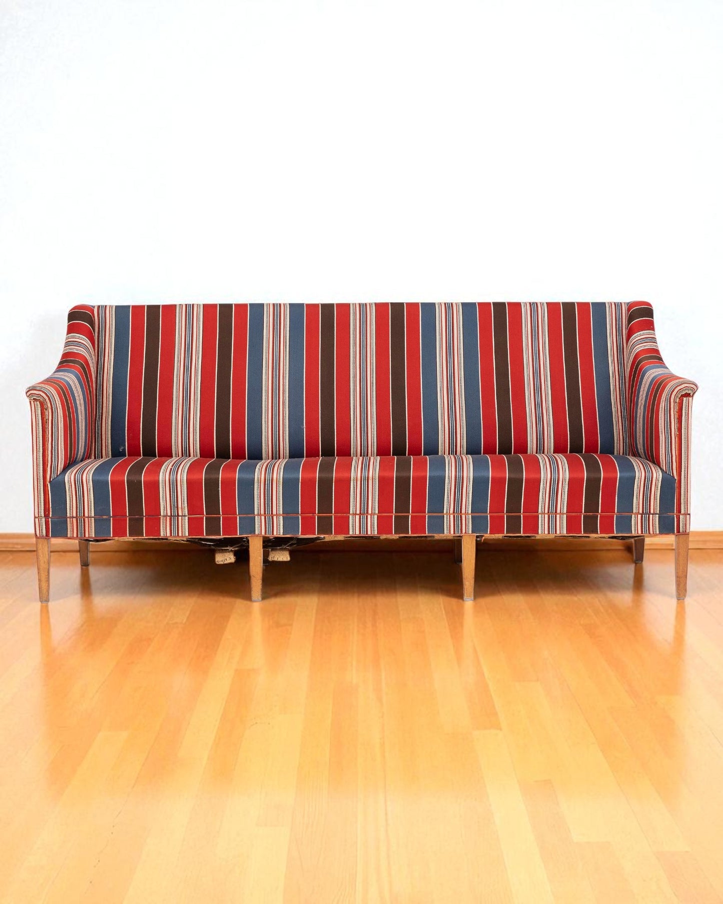 1940s Kaare Klint Three Seater Sofa, Hardwood Legs & Striped Wool Upholstery