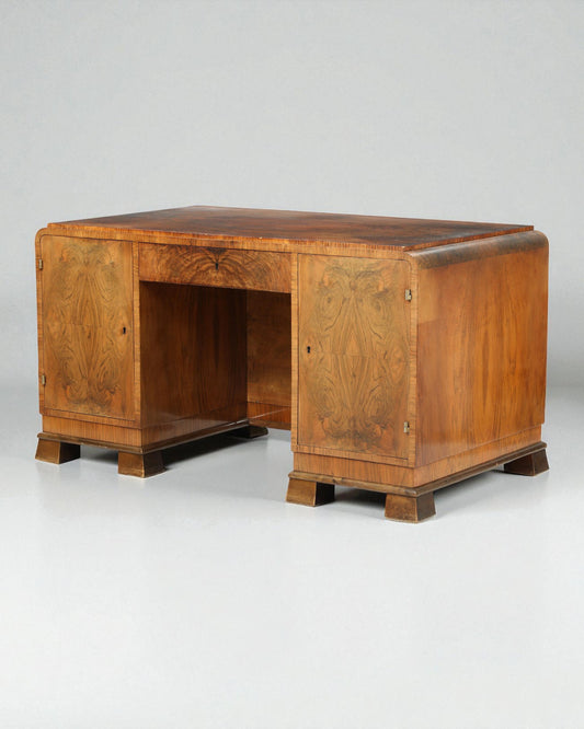 Danish cabinetmaker: A freestanding nutwood Art Deco desk: 1920–30s