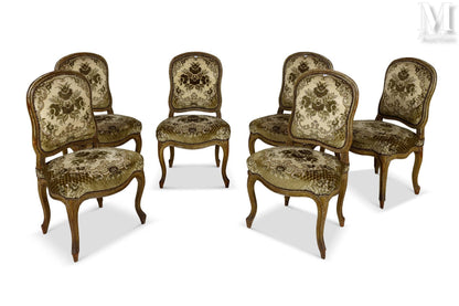 Suite of 6 chairs in cream lacquered wood with horseshoe-shaped backs 19C