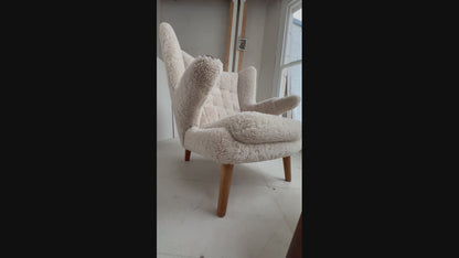 Hans Wegner Papa Bear Chair with Footstool in Lambs Wool Hide